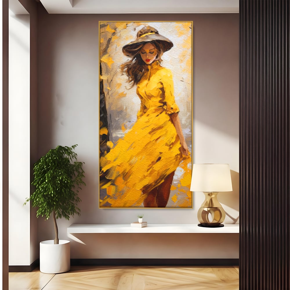 Tablou canvas cu tablou canvas cu femeie in galben, in rama de aluminiu auriu